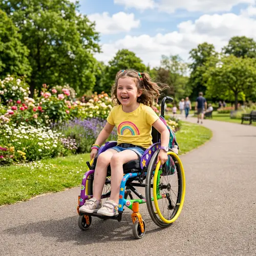Joyful Child in Colorful Wheelchair in Park