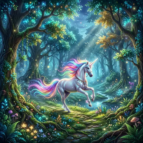 Mystical Unicorn Prancing in Dreamlike Forest | Fantasy Scene