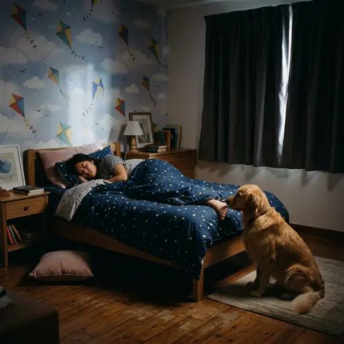 Tranquil Night Scene: Sleeping Asian Girl with Golden Retriever