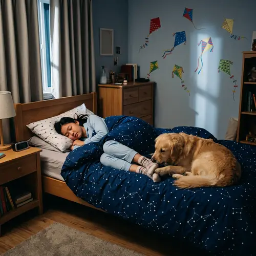 Tranquil Scene: Asian Girl Sleeping Peacefully with Golden Retriever