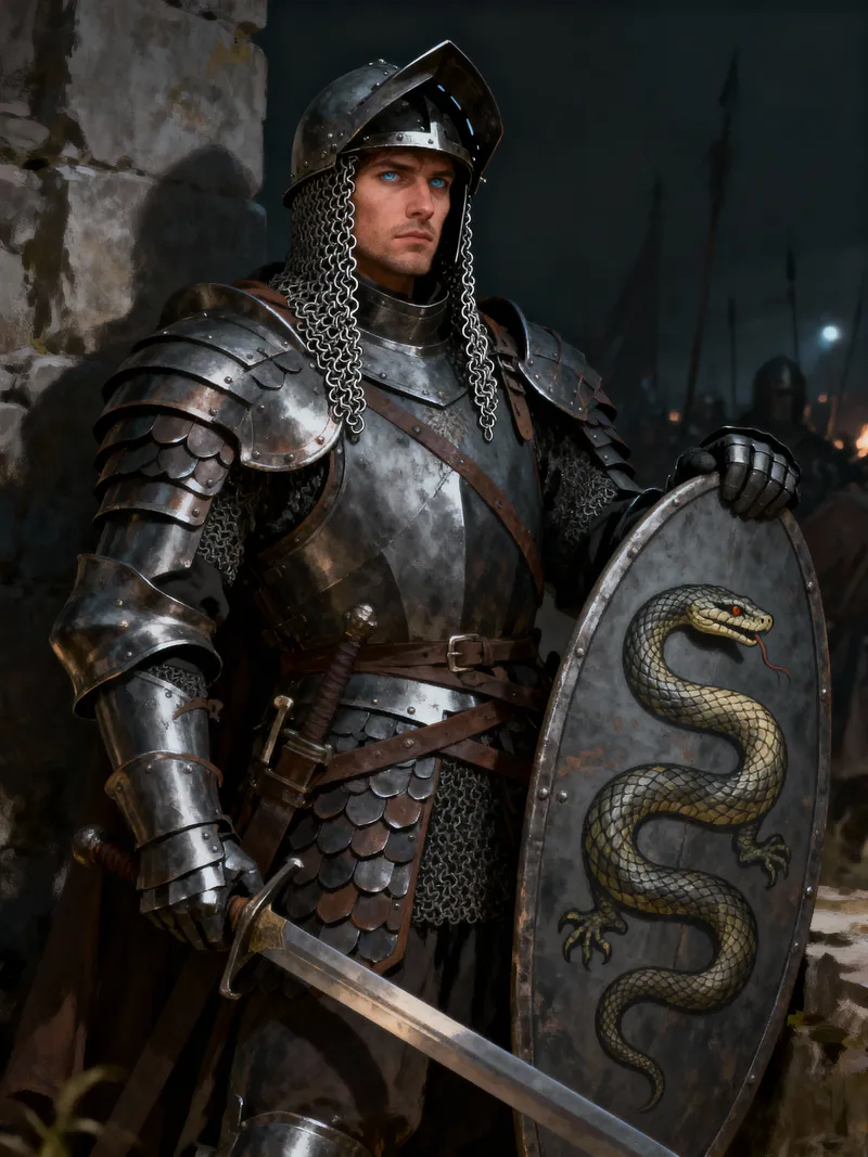 Elite Soldier in Scaled Armor with Snake Shield