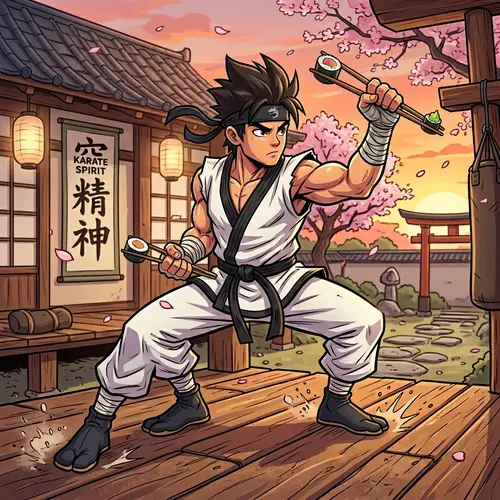 Karate Cartoon Character with Sushi Sticks | Martial Arts Design