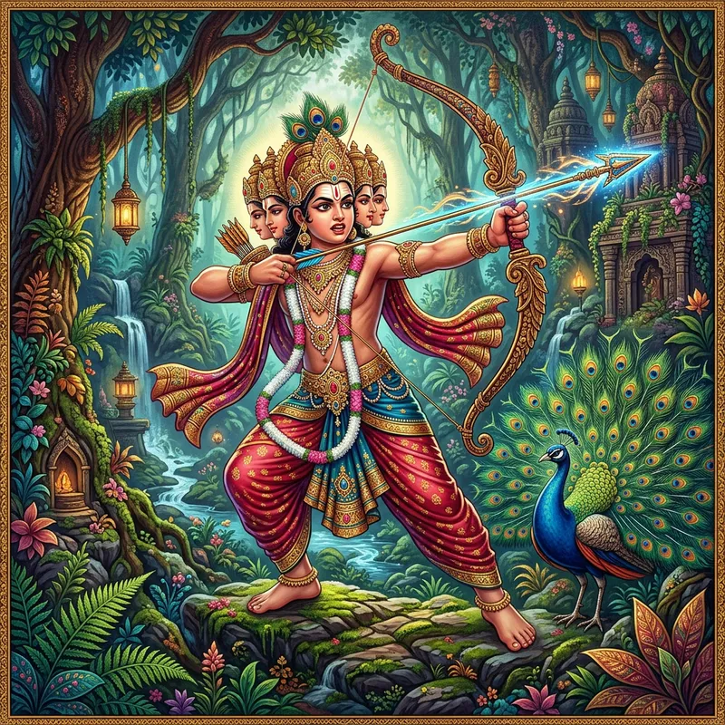 Divine Lord Murugan Inspired Character in Mystical Forest Landscape