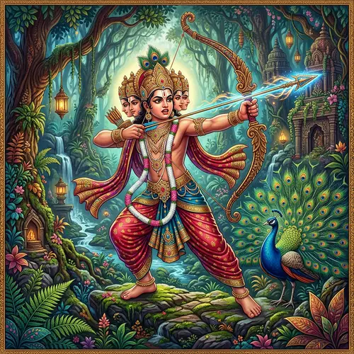 Divine Lord Murugan Inspired Character in Mystical Forest Landscape