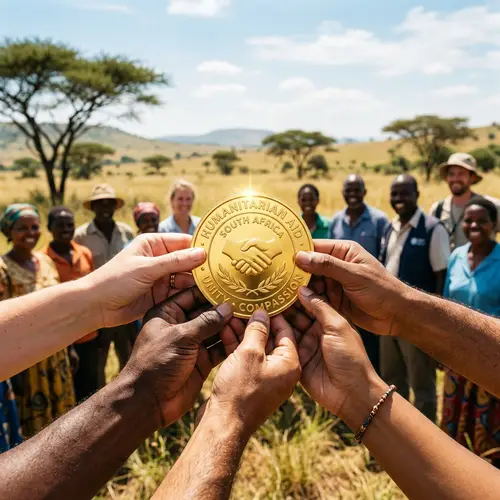 Unity in Charity: Diverse Group Holding a Golden Coin on Savanna