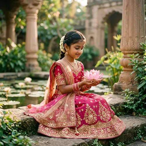 Young Indian Girl in Traditional Outfit Holding Lotus Flower
