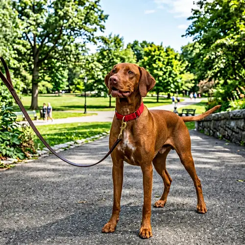 Brown Coat Dog with Leather Leash in Park