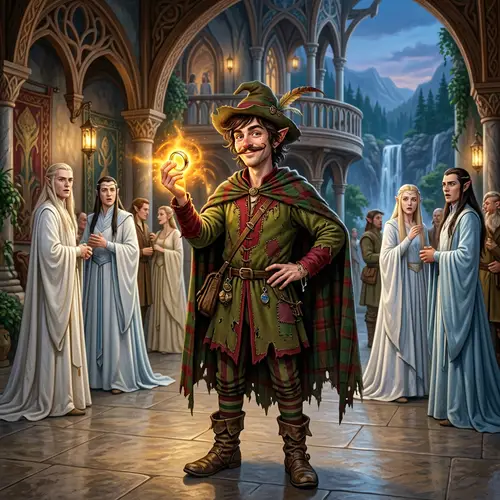 Quirky Elf in Rivendell Holding Golden Ring - Humorous Character