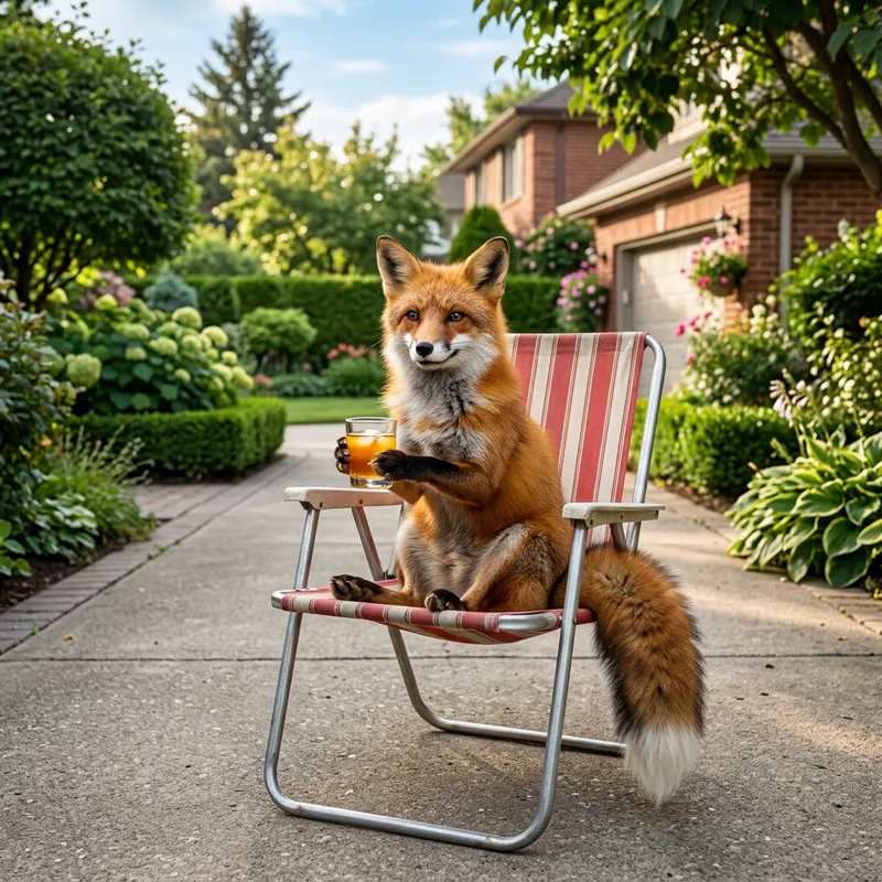 Clever Fox Relaxing in Suburban Driveway with Juice Glass