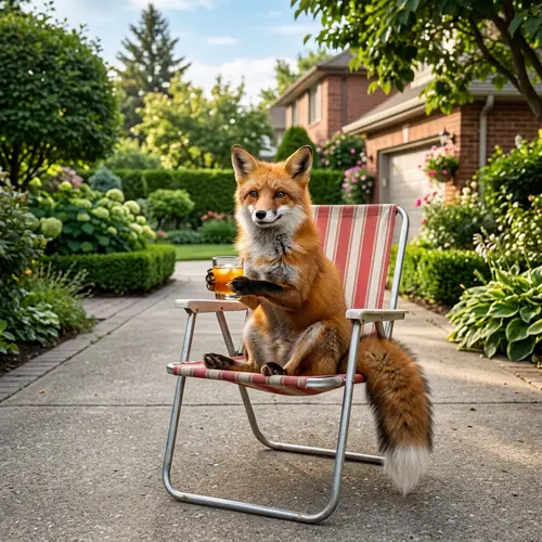 Red Fox Relaxing in Suburban Driveway with Juice Glass