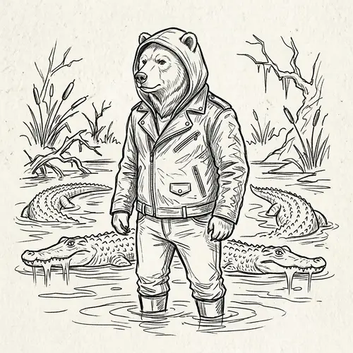 Black and White Crocodile Sketch with Bear-Human for Machine Embroidery