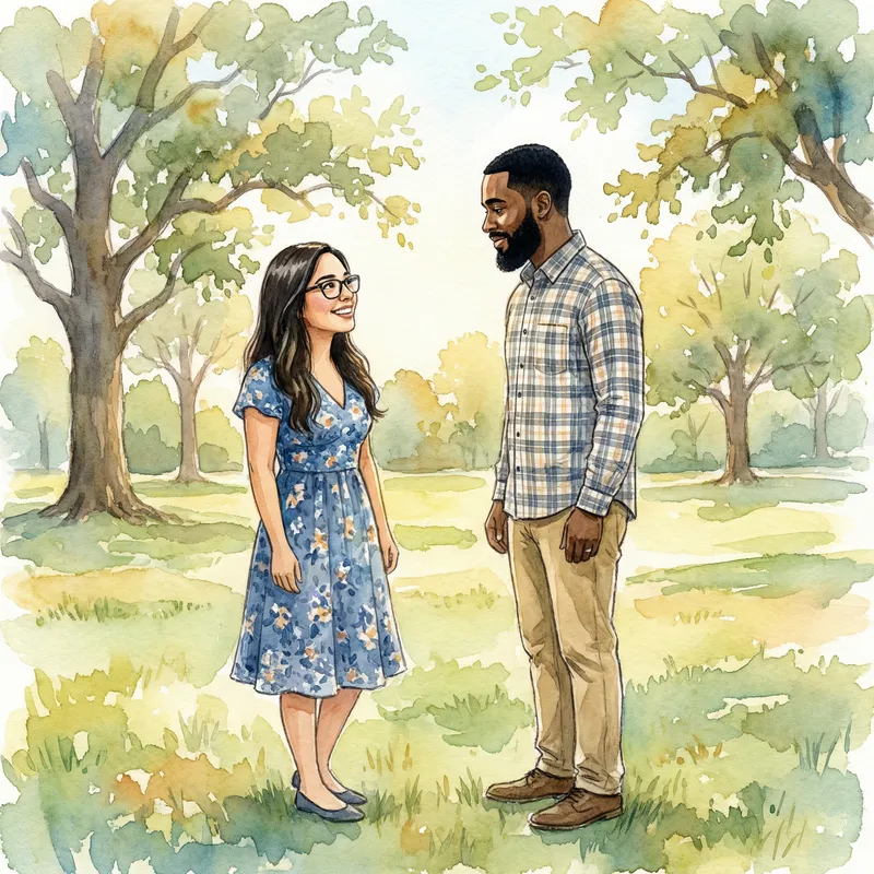 Young Hispanic Couple Watercolor Painting - Love Story in the Park