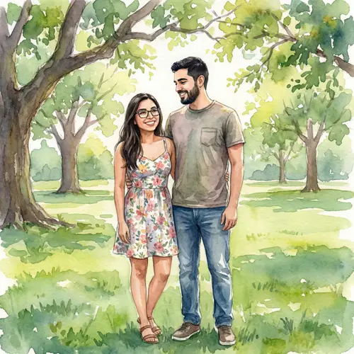 Young Hispanic Couple Watercolor Painting - Park Affection Scene