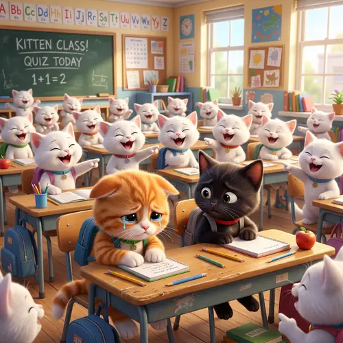 Sad Kittens in a Lively Classroom Scene