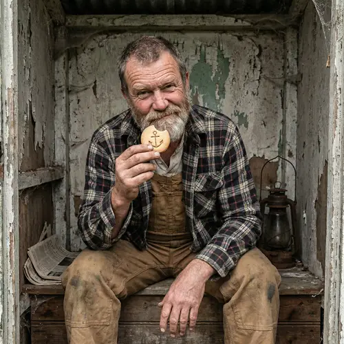 Rustic Caucasian Individual Sitting in Outhouse with Historical Symbol Biscuit