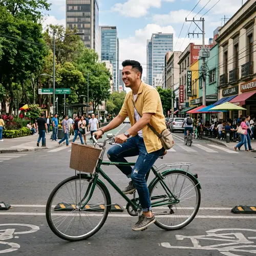 Hispanic Male Singer Cycling in City | Vibrant Urban Scenes