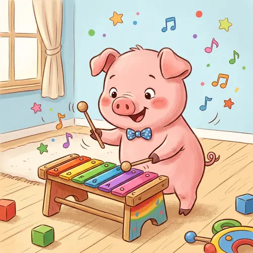 Joyful Pink Piglet Playing Multicolored Xylophone