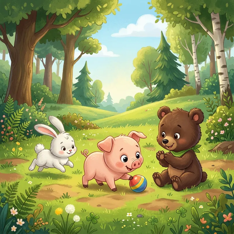 Adorable Piglet, Baby Bear, and Bunny Play in Enchanting Cartoon Forest