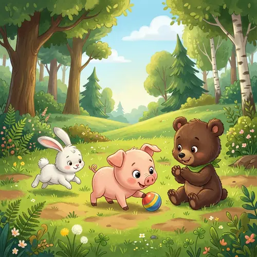 Playful Piglet, Baby Bear, and Bunny Cartoon in Forest Hill
