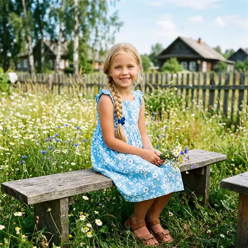 Young Russian Girl in Blue Sundress | Innocent Childhood Joy