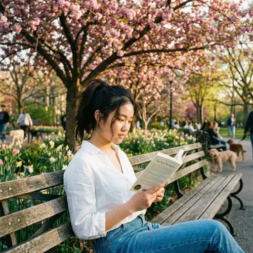 18-Year-Old Chinese Girl Reading in Blossoming Park
