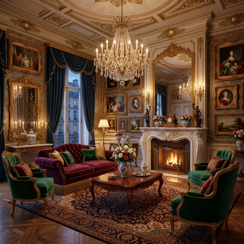 Opulent Second Empire Era Salon with Crystal Chandeliers and Plush Furnishings