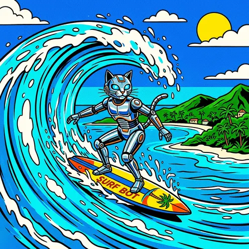 Robot Cat Surfing in Caribbean | Pop Art Style