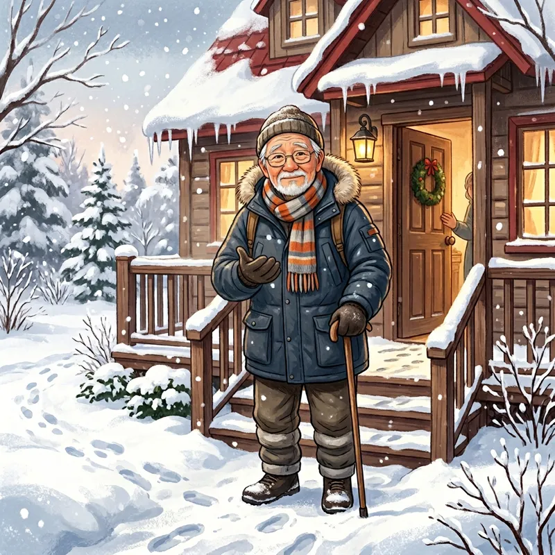 Elderly Man in Snowy Day Outside House Asking for Food | Winter Scene