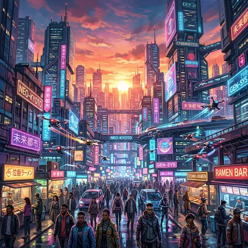 Futuristic Cyberpunk City at Dusk - Vibrant Sunset Skyline View
