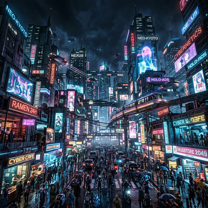 Vibrant Cyberpunk Cityscape with Neon Lights at Night