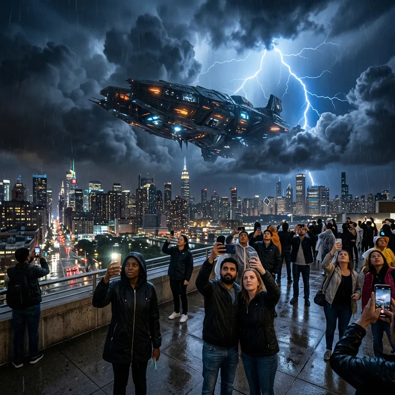 Alien Spaceship Over City During Lightning Storm