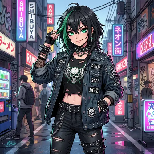 Anime-inspired Girl with Striking Green and Thorny Accessories