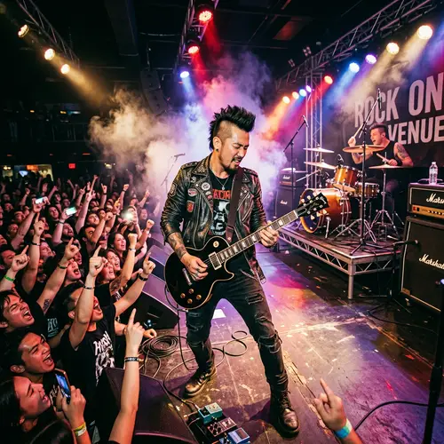 Captivating Live Concert with Asian Male Guitarist in Rock Attire