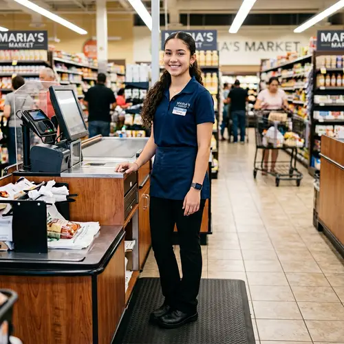 Professional Hispanic Girl Cashier in Full-length Attire