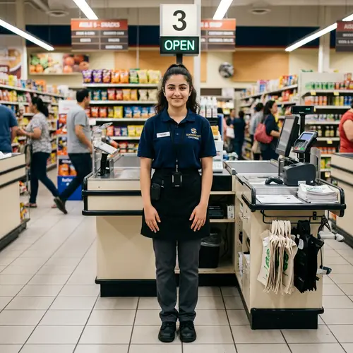 16-Year-Old Middle Eastern Girl in Cashier Attire | Stunning Full-Length Portrait