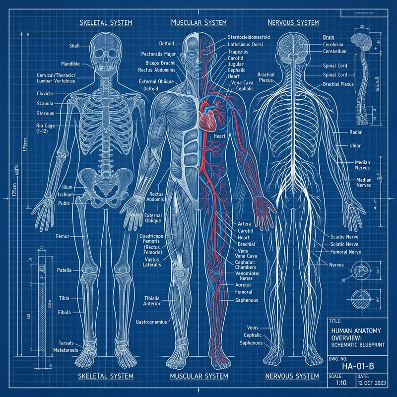Detailed Human Anatomy Blueprint in Blue Color Scheme