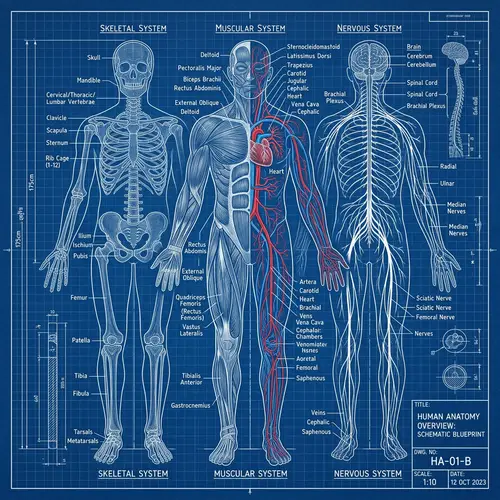 Detailed Human Anatomy Blueprint | Blue Color Scheme