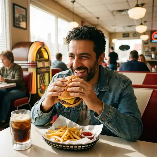 Casual Middle-Eastern Man Enjoying Cheeseburger in Diner