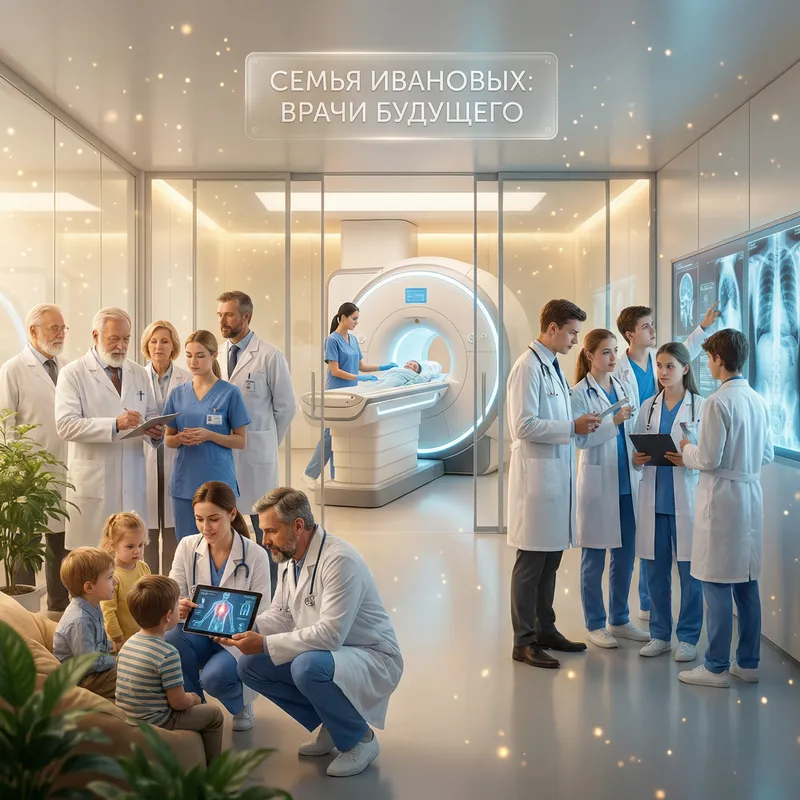 Hyperrealistic Russian Family of Doctors Demonstrating Advanced Medicine