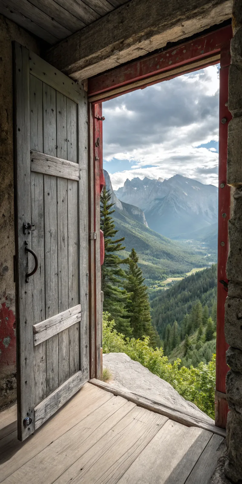 Breathtaking View Through a Weathered Cedar Door