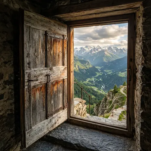 Breathtaking View Through a Weathered Cedar Door