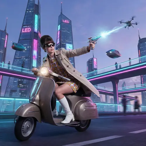 Futuristic 60's Mod Style Scooter Rider with Ray Gun | Bold & Adventurous Theme