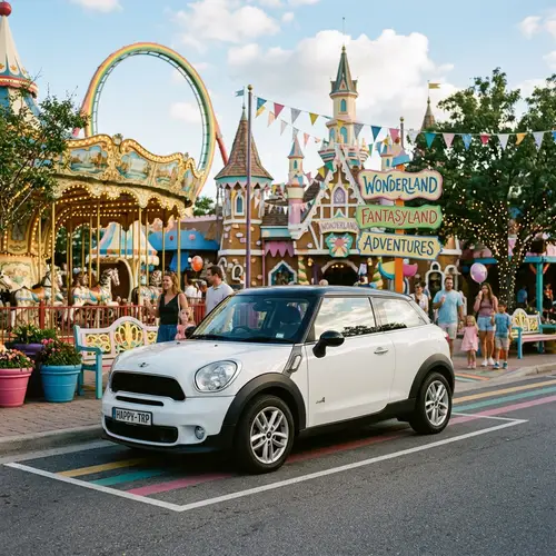 White Compact SUV in Lively Theme Park Setting | Amusement Park
