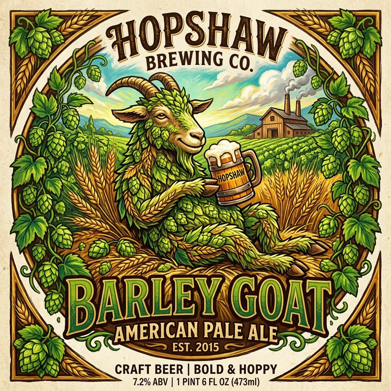 Vibrant Craft Beer Label with Hops-Formed Goat | Brewery Artwork Vibrant Craft Beer Label with Hops-Formed Goat | Brewery Artwork