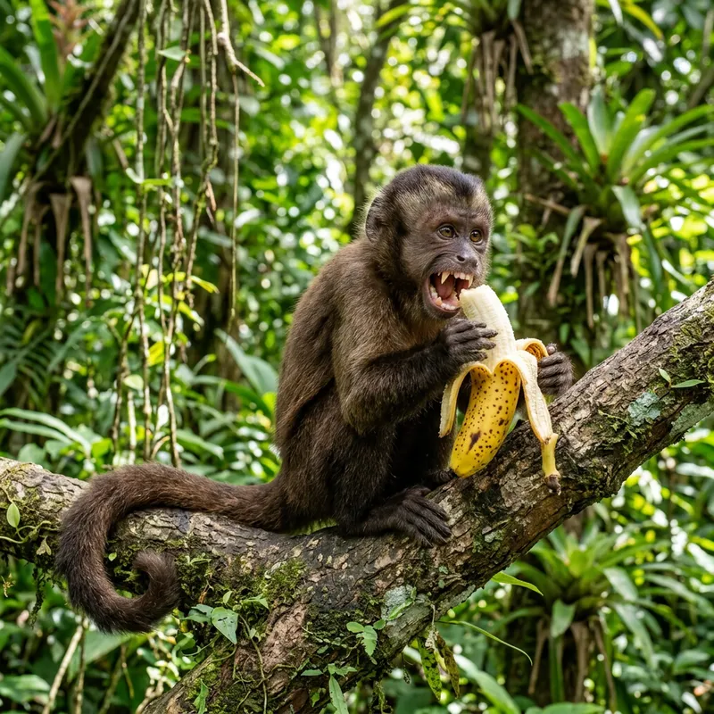 Playful Monkey Eating Fresh Banana in Lush Jungle Setting
