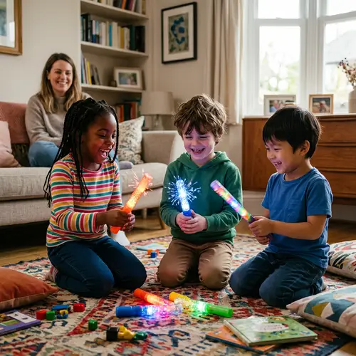Diverse Kids Playing with Colorful Light-Up Toys