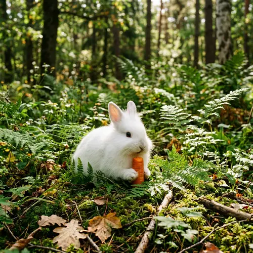 Fluffy White Rabbit Munching on Carrot in Enchanted Forest