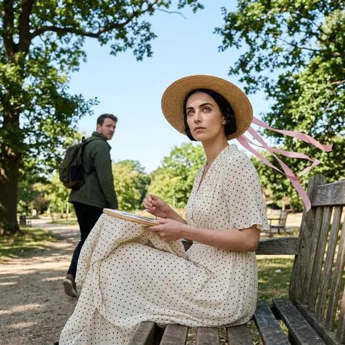 Captivating Woman on Bench with Straw Hat and Embroidery