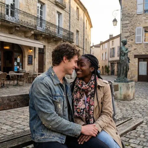 Blossoming Love Story: French City Bench Romance