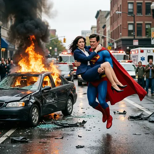Superman Rescues Businesswoman from Vehicular Fire Incident